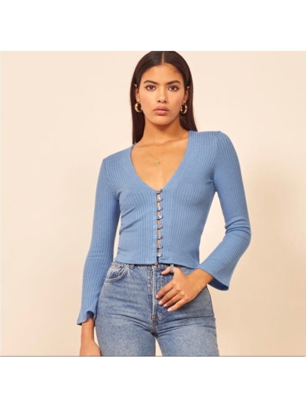 Reformation Gellar Blue Ribbed V-Neck button down